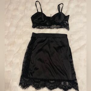 Black 2 piece lace silk set, size small